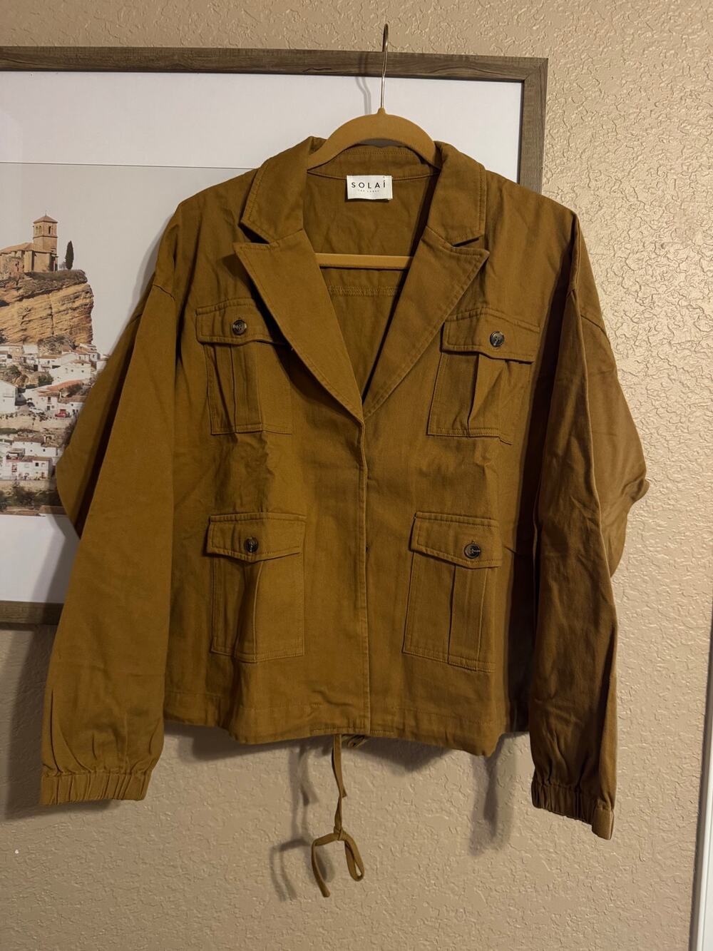 Solai The Label Women's Large Mustard Camel Cotton Cropped Utility Cargo Jacket